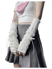  Women's Y2K arm warmers Knitted Arm sleeve Japanese Harajuke One Size White