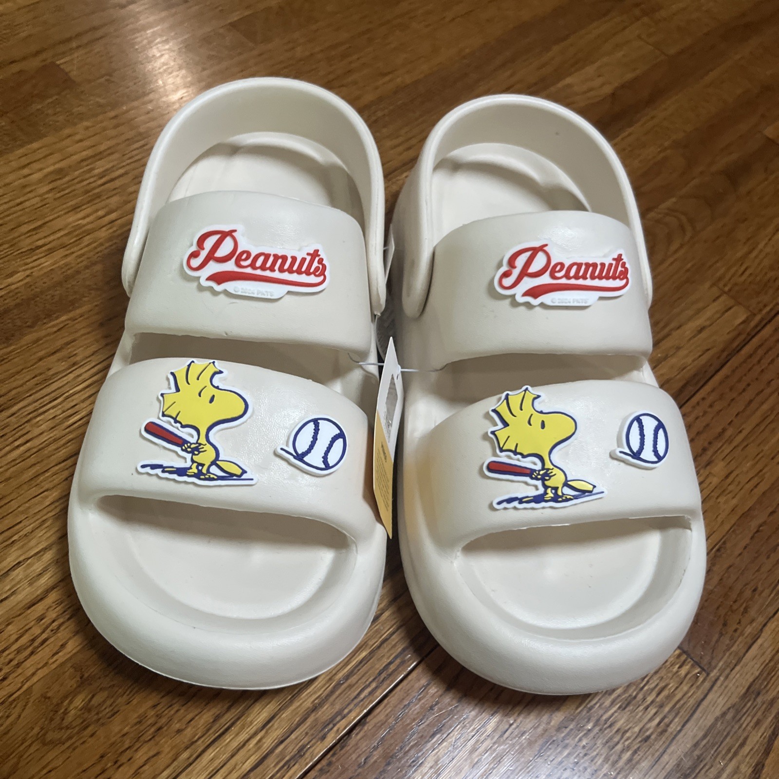 NUEVAS Sandalias Deslizantes Crema Cacahuetes con Gráfico Woodstock Amarillo Talla Grande 39-40