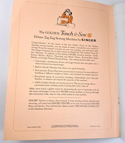Singer Sewing Machine 620 Deluxe Edition Instruction Manual Golden Touch & Sew - Afbeelding 4 van 7