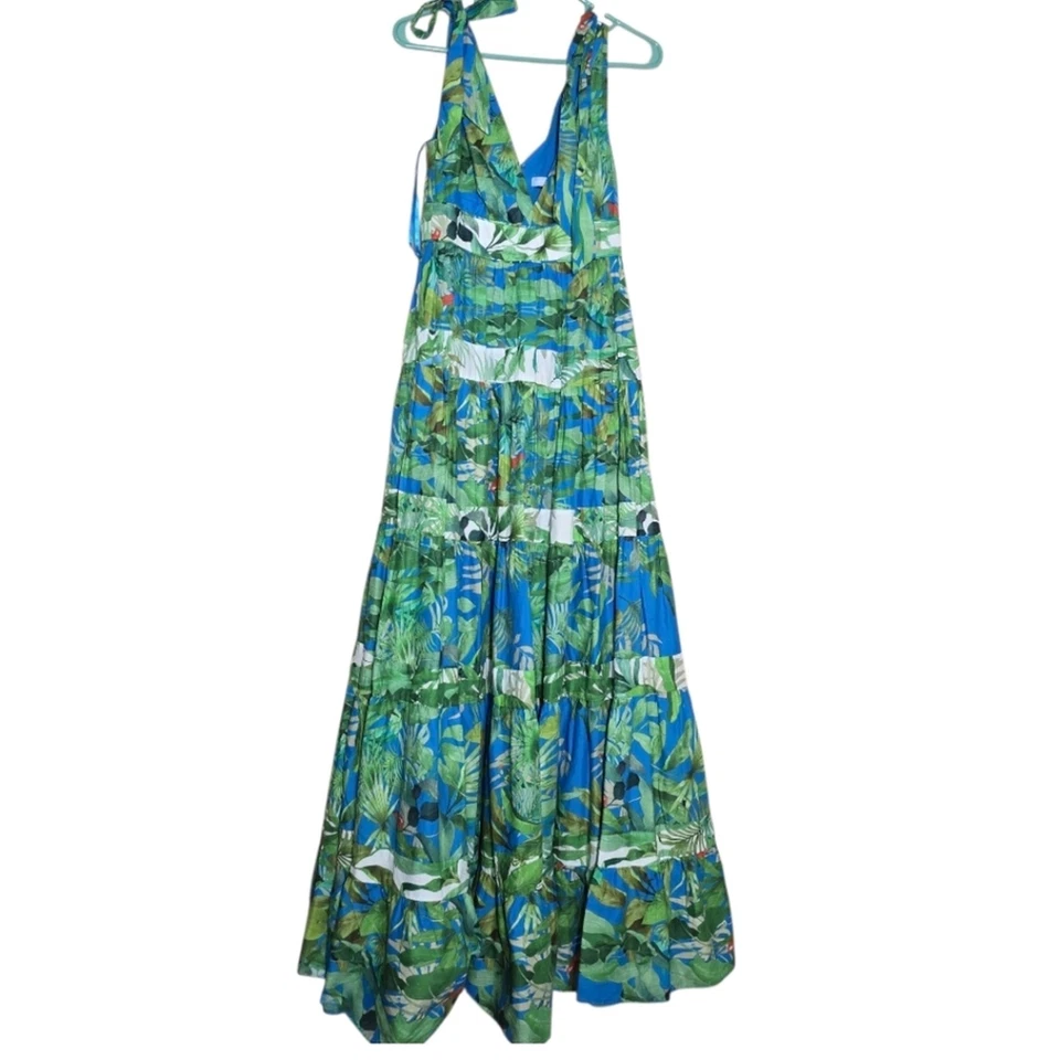 Antonio Melani Tropical Green & Blue Maxi Dress Zip BACK, Tie Shoulder Size 0 - Image 3 of 4
