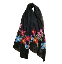 Black Scarf  Embroidered Shaw Wrap Flowers Colorful 32 X 75
