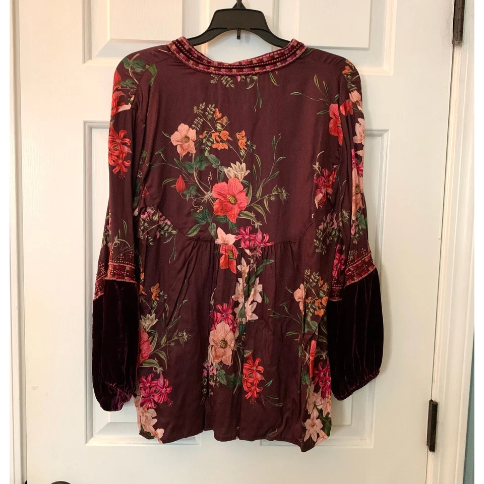 Blusa boho Johnny Was Workshop para mujer de terciopelo floral borgoña manga 3/4 talla S Foto 4 de 4