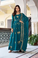 Wedding Wear Faux Georgette Teal Blue Gown Bottom With Dupatta For Women