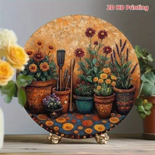 2D Flat,1pc 8-Inch Aluminum Round Wall Art - Gardening Tools & Flower Pot Design