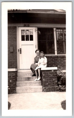 #ad #ad Vtg Bamp;W Snapshot Mother Daughter Sitting Front Porch Steps Brick House 3416 $7.99
