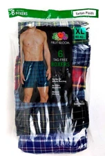 FRUIT OF THE LOOM 6 Pk Tag-Free Tartan Plaids Boxers Men's Size XL (40-42) 