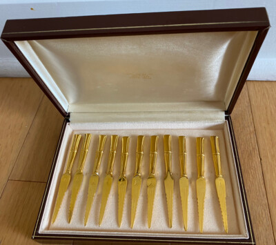 Vintage Carl Mayer Jewelers Gold Set of Hors d oeuvre Cocktail Knives Boxed Set