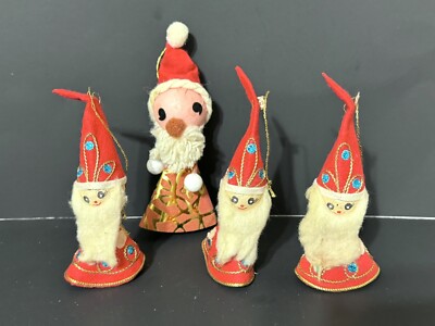 Lot 4 Chenille Spun Cotton Santa Elf Christmas Ornament Flocked Vintage Japan