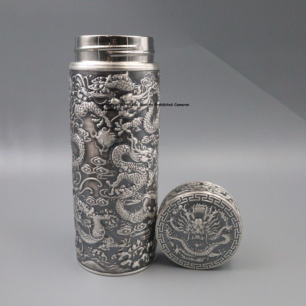 Solid S999 Fine Silver Drinking Cup Carved Bless Dragon Water Bottle 5.6inch H