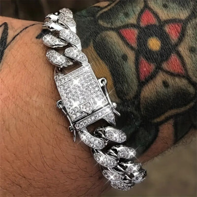 Mens Iced CZ Out 18k Gold Plated  Miami Cuban 12mm Link Bracelet