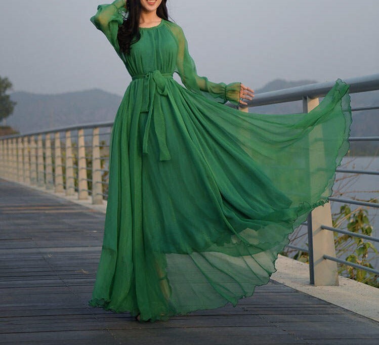 Maya Antonia Custom Color Tie-On Waist Chiffon Maxi/Long Dress, Long Sleeves 