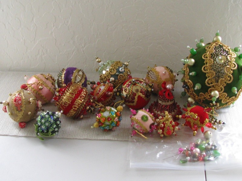 15 Vintage Hand Made Bead Sequin Push Pin Ball Christmas Ornaments Repair Parts