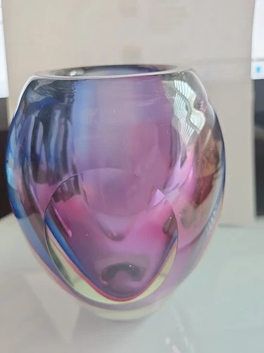 Murano Sommerso Art Glass Faceted 5" Vase Mid Century MCM Amethyst Flavio Poli