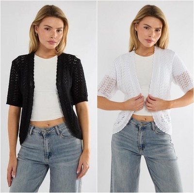 Damen Häkel Strick Kurzarm Achselzucken Damen Cardigan Bolero offen Oberteil S-2XL