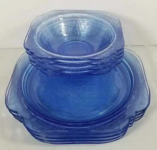 8 Pc MADRID Blue Glass Dinner Plates & Bowls Depression Recollection Federal