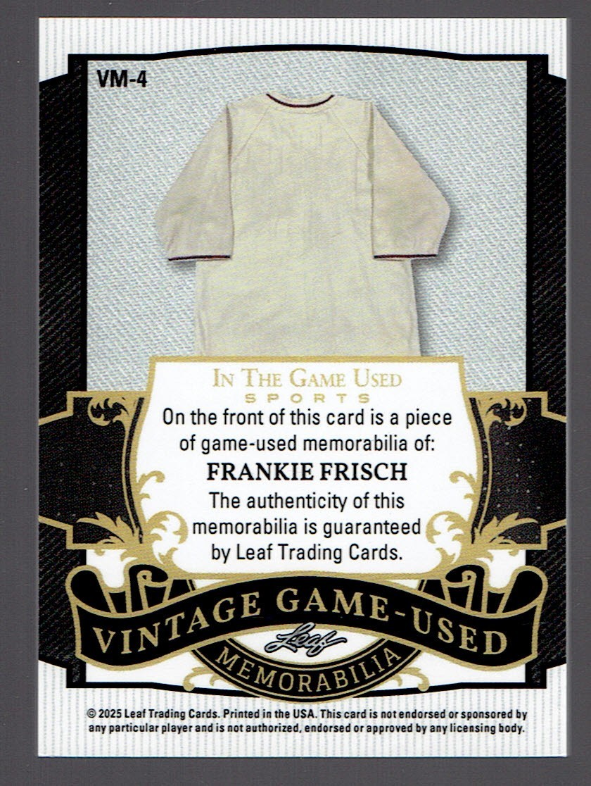 2025 Leaf In The Game Used Frankie Frisch Vintage Game Used Jersey Card 1/2 view 2