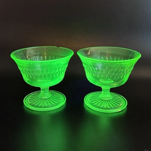 Set of 2 Vintage Anchor Hocking Roulette Vaseline Uranium Sherbet Glasses