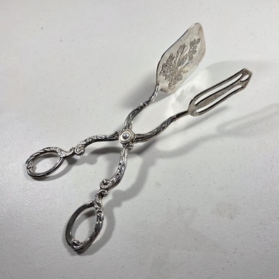 Vintage Silver Plated Pastry Server Tongs Pear Tree Design w/ Scrolled Handles