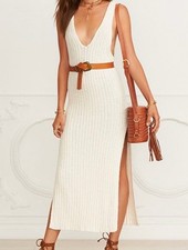 Free People Emmy Ribbed Knit Casual Dual Slit Dress Ivory Sz Large