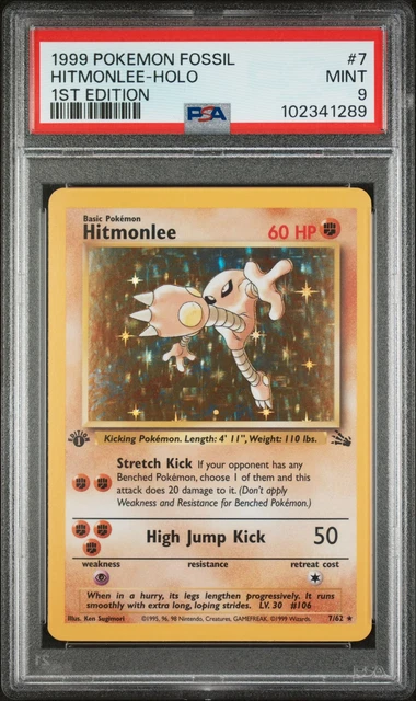 1999 POKEMON FOSSIL 1ST EDITION #7 HITMONLEE-HOLO PSA 9