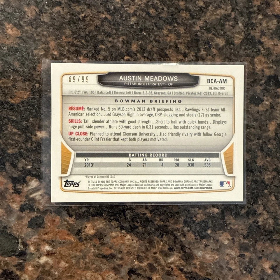 Austin Meadows 2013 Bowman Chrome Prospect Auto Blue Refractor Pirates #d 69/99 - Image 2 of 3