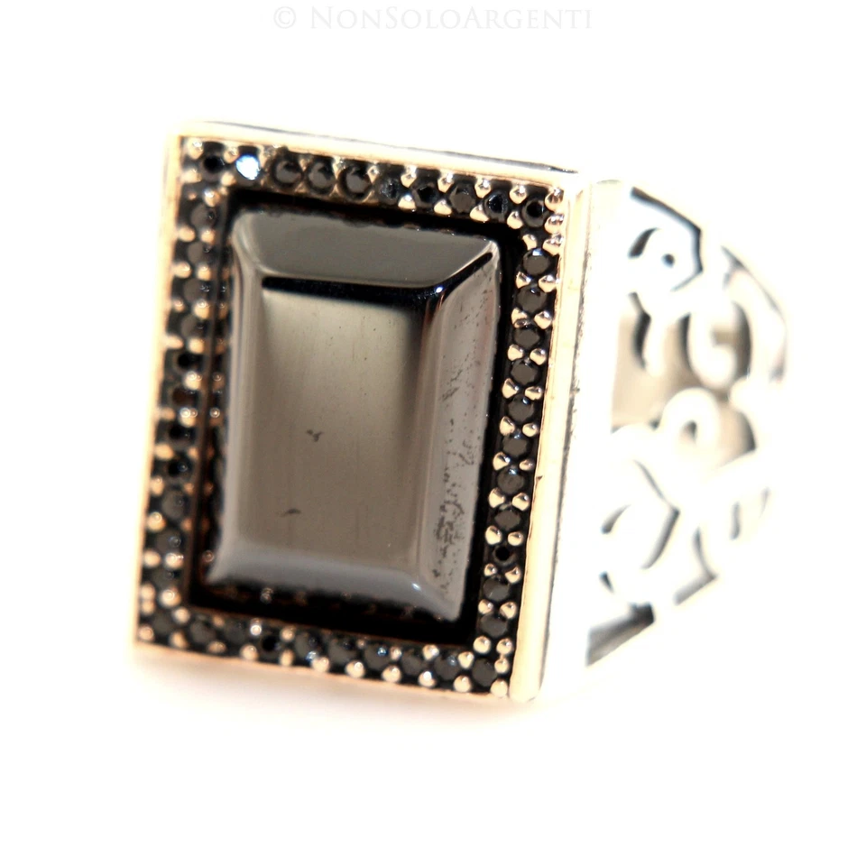 Anello argento 925 onice rettangolare zirconi neri fascia lavorata misura 24  - Immagine 3 di 3