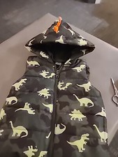 Dinosaur Puffy Vest Toddler Green Hooded Puffer Jacket Coat Boys Size 3T AD123