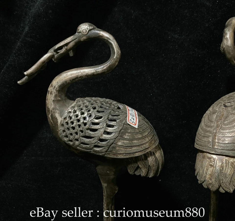 Par de incensarios quemadores de incienso grúa coronada roja plata cuproníquel antigua China de 14,8" Foto 4 de 4
