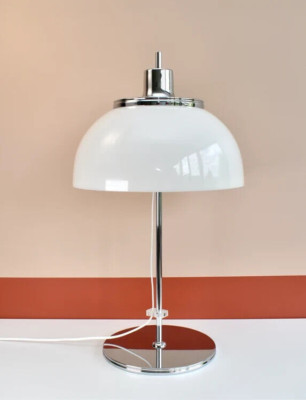 1970s Guzzini Faro Mushroom Table Lamp, Vintage Mid Century Modern Chrome Silver