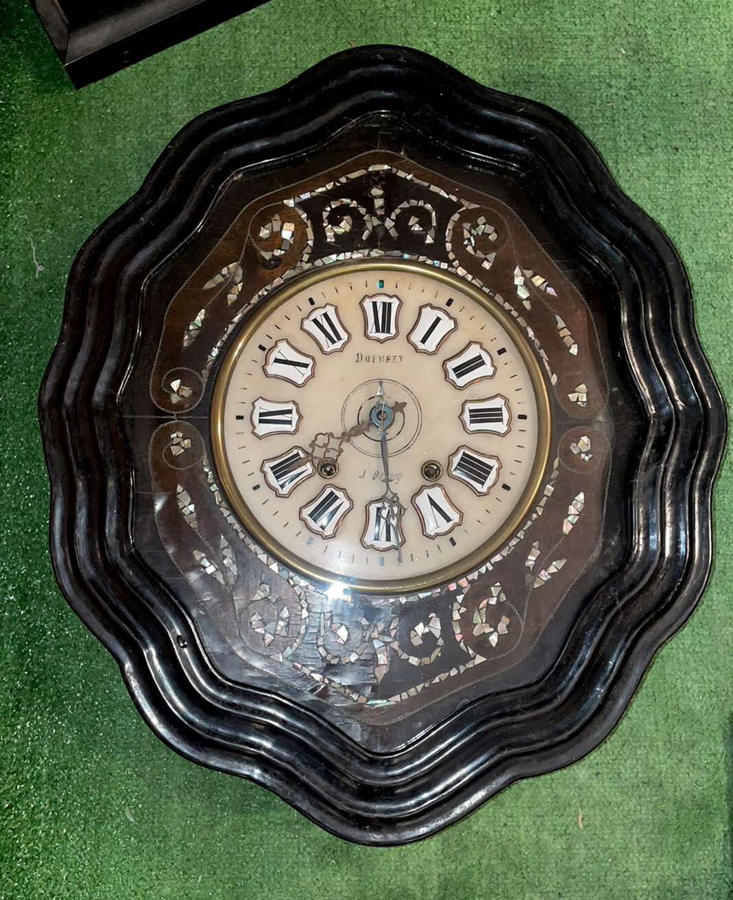 Antique French Baker’s Wall Clock With Mother Of Pearl Inlay Morez