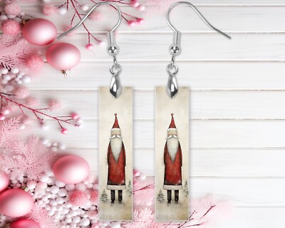 Earrings, Whimsical Santa Wood Bar Printed Earrings Jewelry
