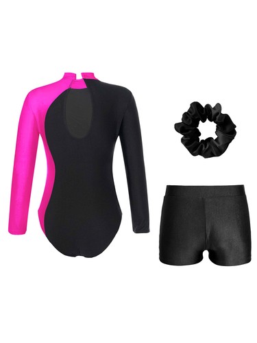 Kids Girl Dancewear With Hair Band Longs Sleeve Leotard Gym Breathable Shorts - Picture 69 of 86
