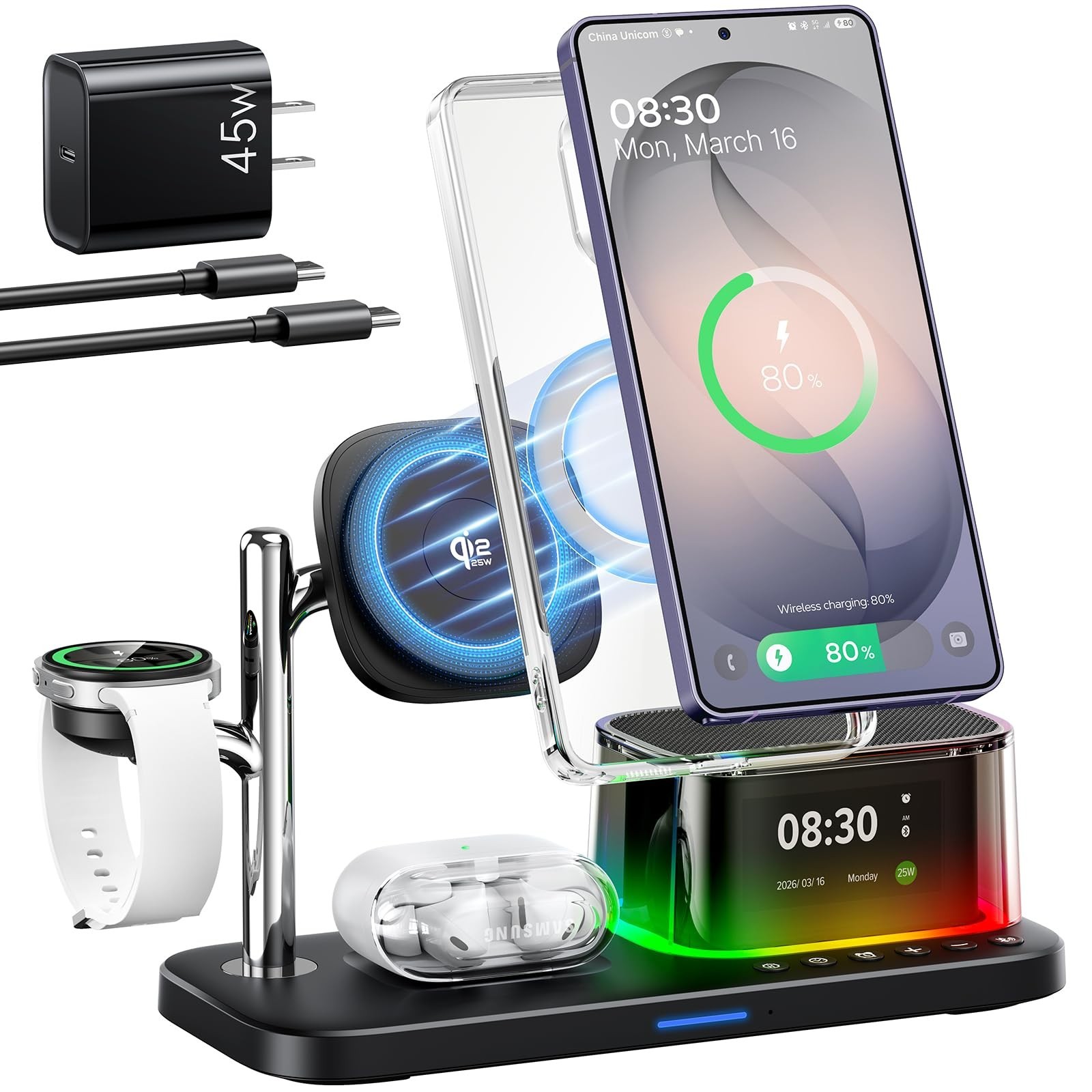 5 in 1 Charging Station for Galaxy S26 Ultra, Bluetooth Speaker, Alarm Clock, Ni
