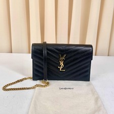 Saint Laurent Envelope Wallet On Chain WOC in Black Grained Leather Auth