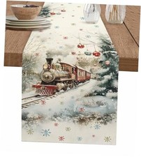 Table Runner 90 Inches Long Christmas Train Holly Woods Scene Lights 13" x 90"