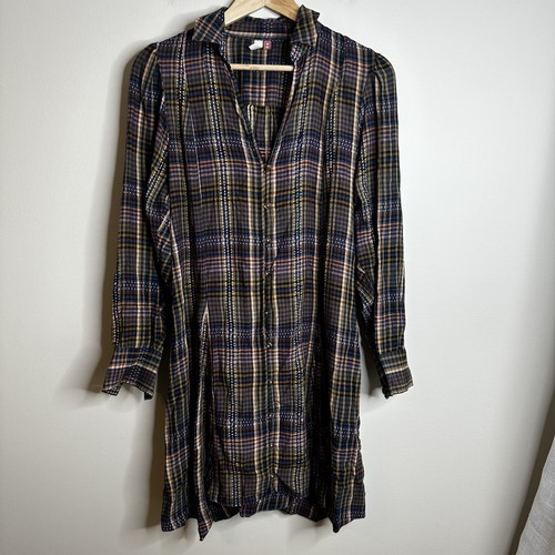 Anthropologie Pilcro blau braun kariert Tie Back Mini Shirt Kleid XS Academia Boho - Bild 3 von 15