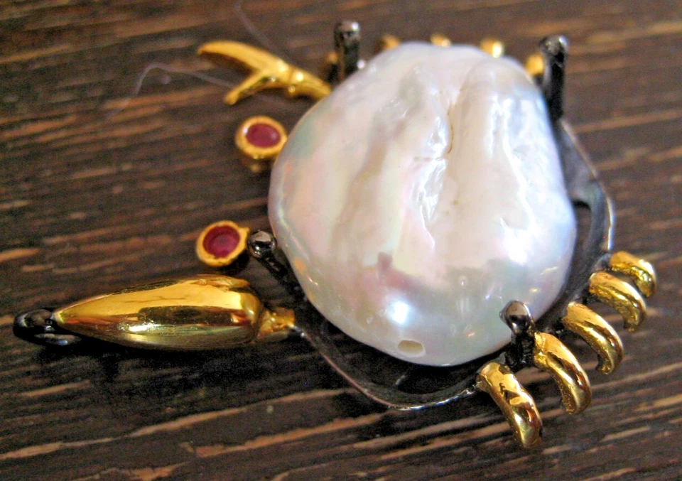Krabbe Anhänger Keshi Perle groß 925 Silber Unikat Krebs Horoskop Statement - Bild 3 von 4