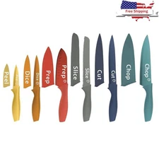 12 Piece Kitchen Knife Set Ergonomic Stainless Steel Color Coded W/ Covers New