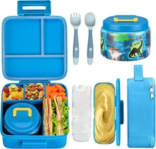Bento Lunch Box for Kids With 8oz Soup thermo,Leak-proof A-Blue(Dinosaur) 