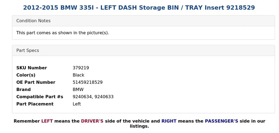 BMW 335I 2012-2015 - Inserto de almacenamiento con tablero izquierdo 9218529 Foto 3 de 3