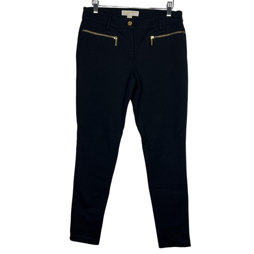 NWOT Michael Kors Pants Casual Skinny Black Moto Stretch Gold Zip Flat Pockets 6