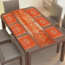 Ethnic Jacquard Brocade Table Runner Placemats Set Elephant Indian Boho Decor