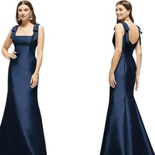 NWT Alfred Sung Satin Fit Flare Maxi Dress Gown Shoulder Bows Midnight Navy 16