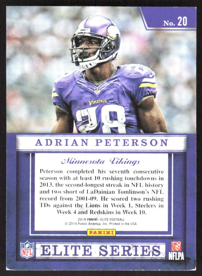 7058H 2014 Panini Elite #20 Adrian Peterson Series Silver - Image 2 of 2