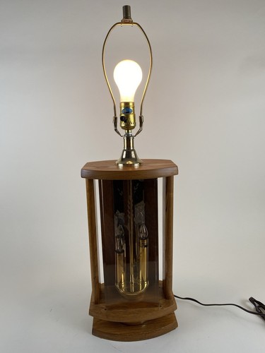 Don Ward Table Lamp Etched Smoked Glass Panel Oak Wood Brass Mid Century Vintage - Picture 4 of 14