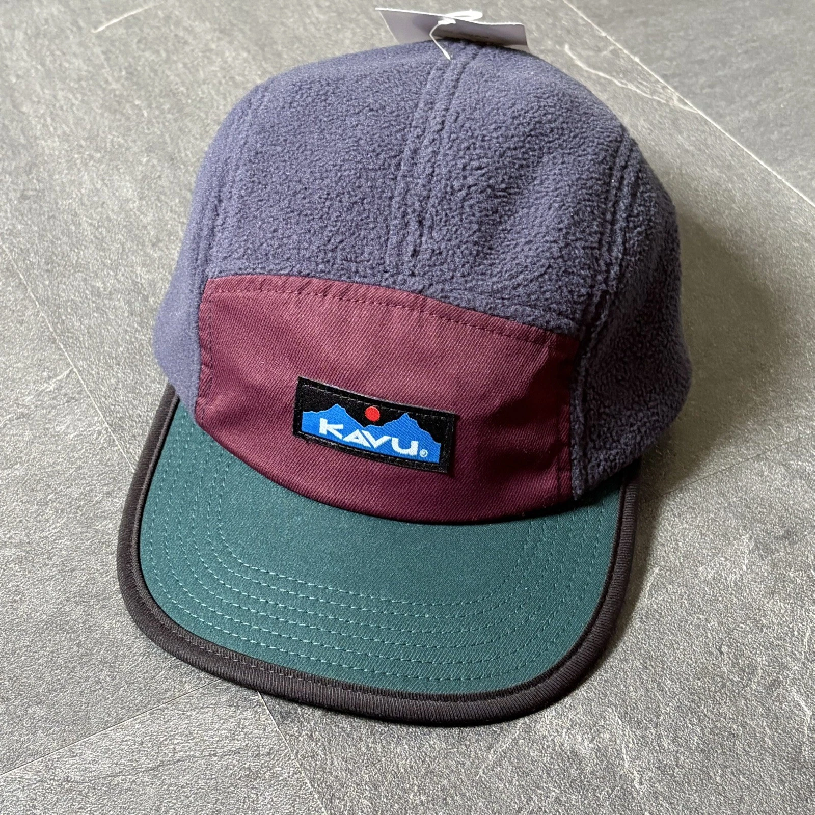 KAVU Mountain Top Fleece Cap One Size Grey Burgundy Teal Field Block Hiking Hat