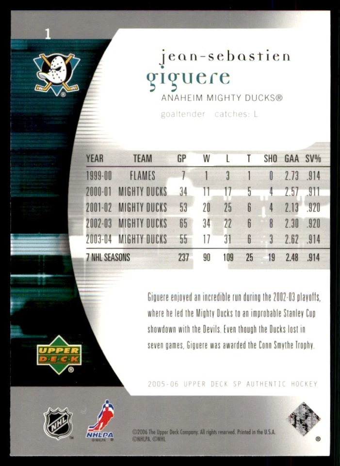 2005-06 SP Authentic Jean-Sebastien Giguere #1 - Image 2 of 2