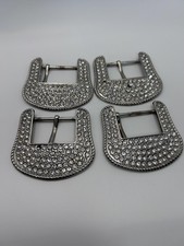 Shiny Rhinestone Western Belt Buckles Silver Metal 1.5 In Lot Of 4