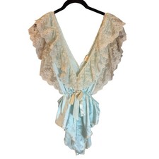 Vintage Victorias Secret Gold Label Teddy Blue Satin Lace Ruffle Bodysuit Small