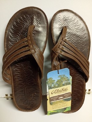 Authentic OluKai Mea Ola Woman's Premium Leather Sandals Dark Java Brown USW7NWT